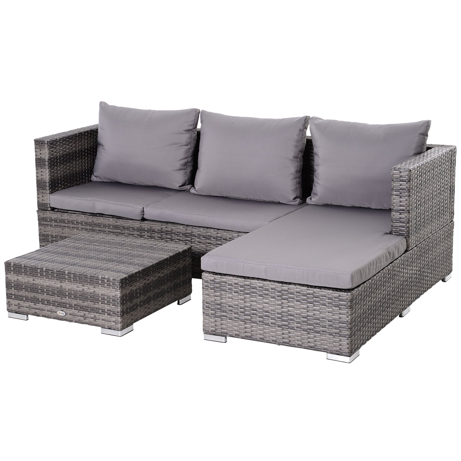 Outsunny 3PC Rattan Garden Furniture Storage Sofa Set, 4 Seater Wicker Coffee Table Conservatory Sun Lounger Reclining Set with Cushion, Grey