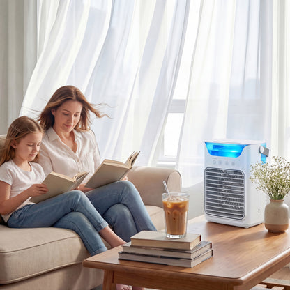 Air Cooler with Adjustable Head, Portable Air Conditioner with 3 Wind Speed, 2 Cool Mist, RGB Light, White