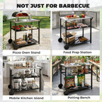 Outsunny Outdoor Grill Cart with Stainless Steel Tabletop for Kitchen Prep, Two-Tier Pizza Oven Stand on Wheels, Black