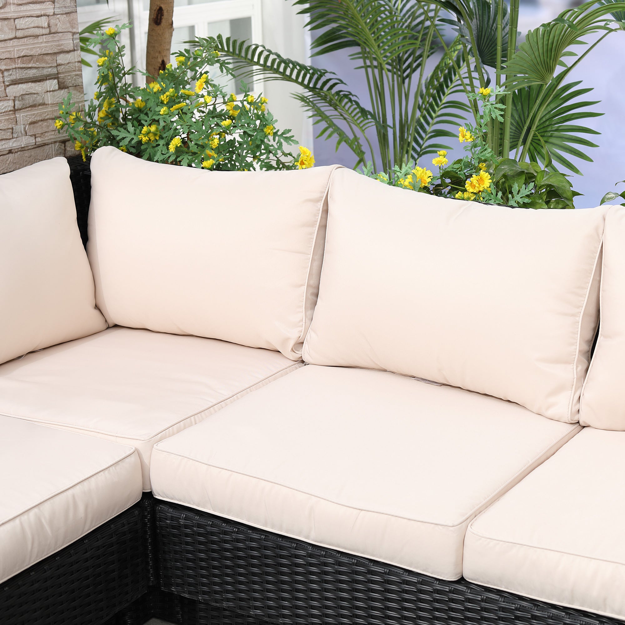 Outsunny 5-Seater Rattan Garden Furniture Outdoor Sectional Corner Sofa with Armrest and Cushions, Black