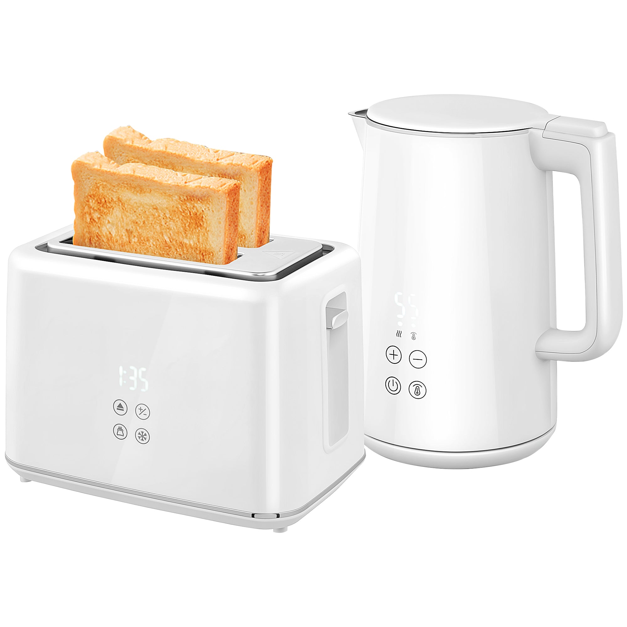 Polished Stainless Steel Kettle and Toaster Set - White