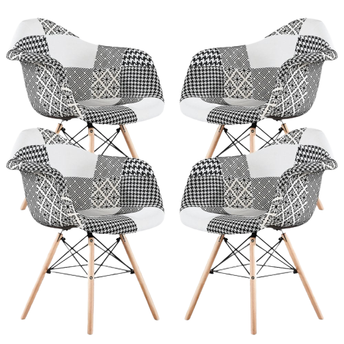 White Halo Dining Table & Set of 4 Black/White Patchwork Accent Chairs