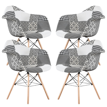 White Halo Dining Table & Set of 4 Black/White Patchwork Accent Chairs