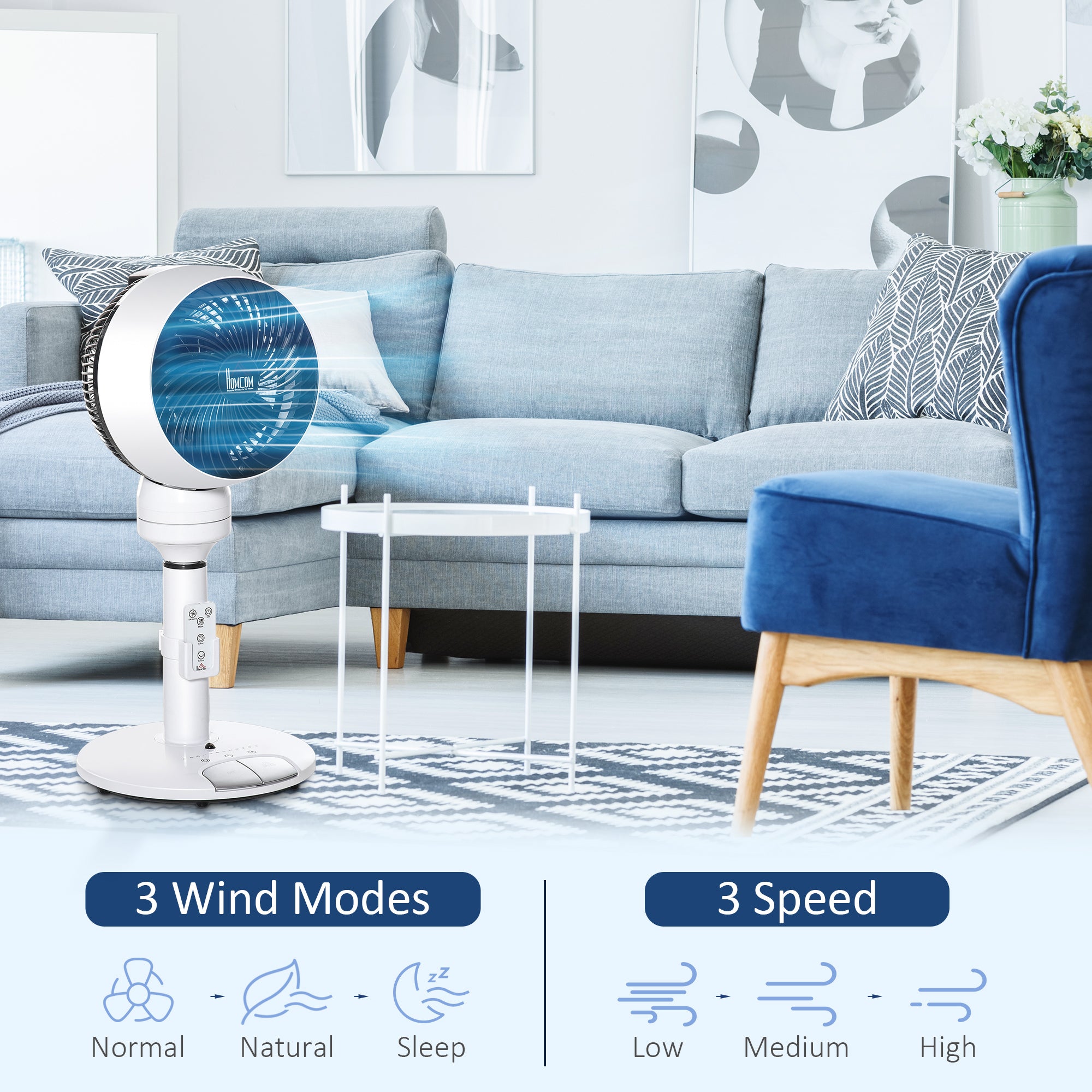 9'' Air Circulator Fan 3 Speed 3 Mode, 70° Oscillation 90° Vertical Tilt, Height Adjustable, Remote Controller, for Living Room, Bedroom, Office, Black and White