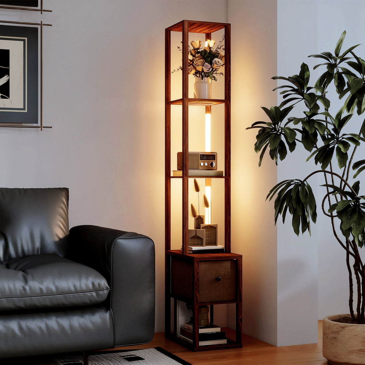 Floor Lamp with Shelves, LED Column Modern Standing Lamp with Fabric Drawer, Adjustable Brightness, Foot Switch for Living Room, Bedroom, Office, Dark Brown