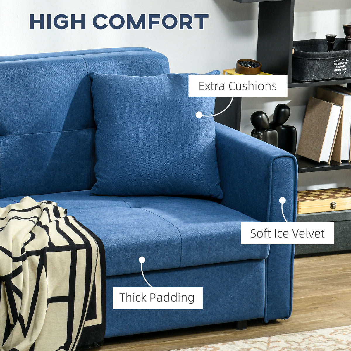 2 Seater Sofa Bed with Hidden Storage, Pull Out Convertible Bed Settee, Modern Snow Flannel Loveseat Sofa Sleeper with 2 Cushions for Living Room, Guest Room, Deep Blue
