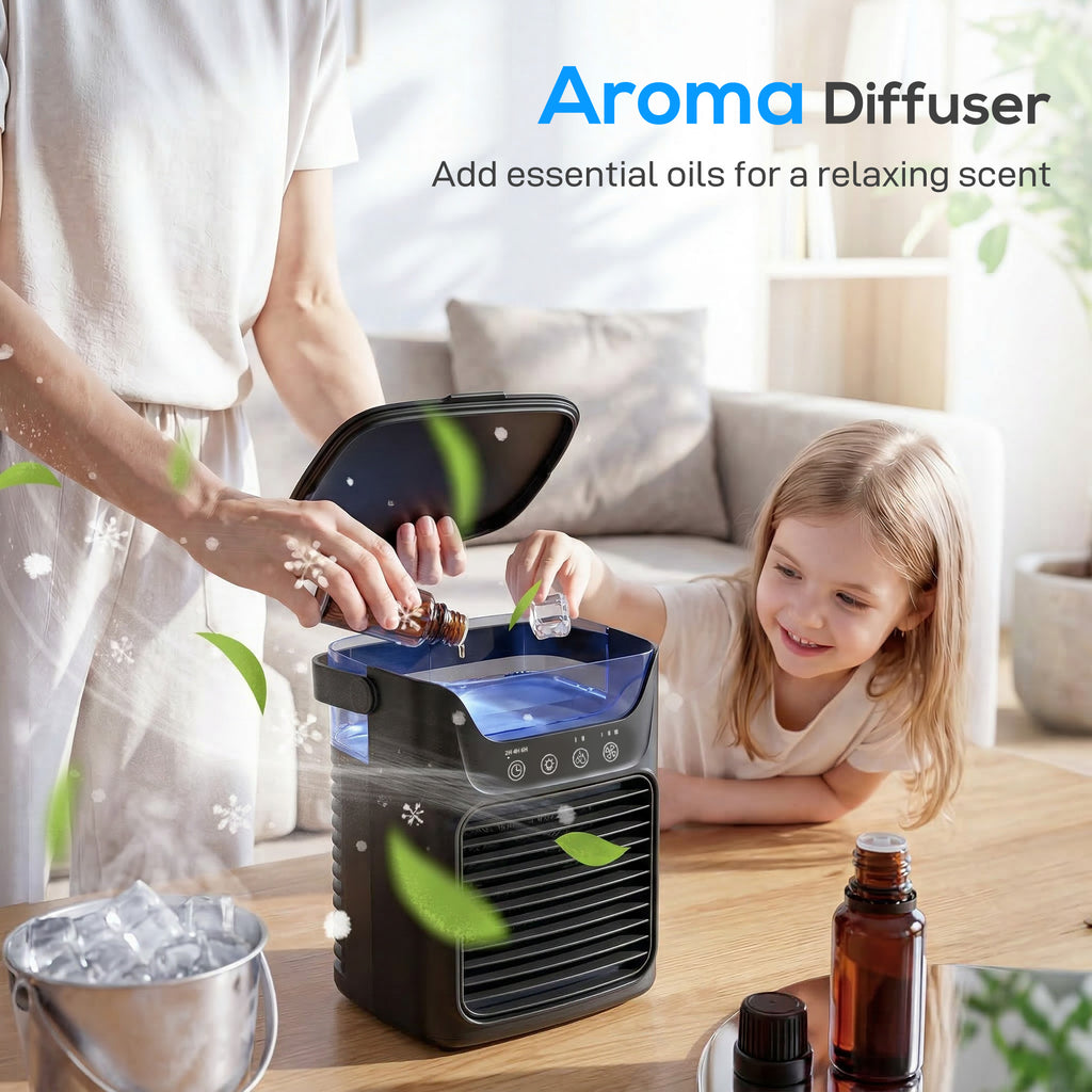 Air Cooler with Adjustable Head, Portable Air Conditioner with 3 Wind Speed, 2 Cool Mist, RGB Light, Black