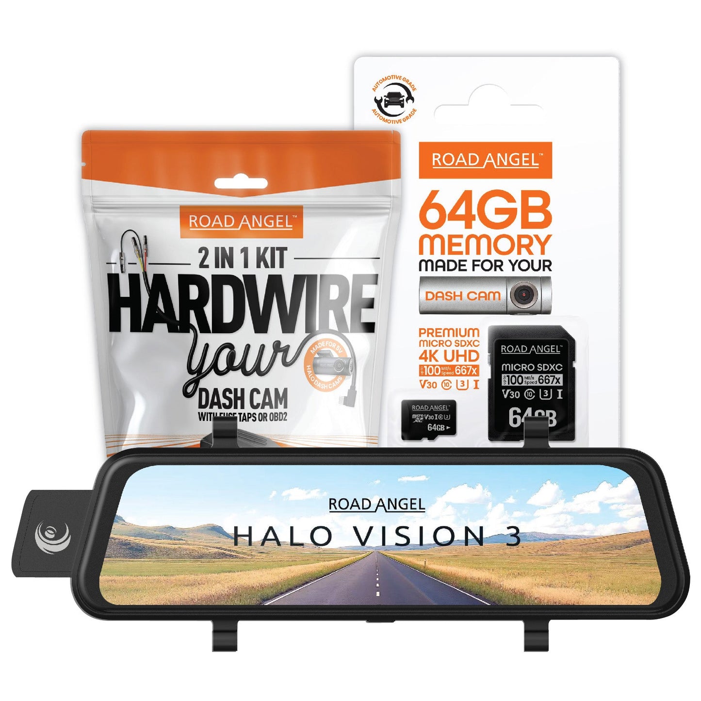Road Angel Halo Vision 3 Deluxe Rear View Mirror 4K Dual Dashcam with 64GB SD Card & Hardwire Kit