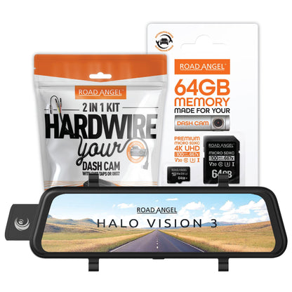 Road Angel Halo Vision 3 Deluxe Rear View Mirror 4K Dual Dashcam with 64GB SD Card & Hardwire Kit