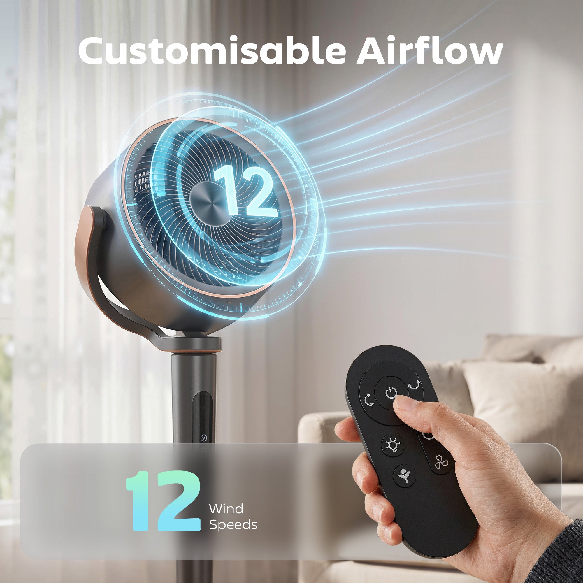 20dB Silent Standing Fan, 70°+90° Auto Oscillating Fan with 12 Speeds, LED Light, Air Circulator, Remote Control, 12H Timer, for Bedroom, 46 Inch, Grey