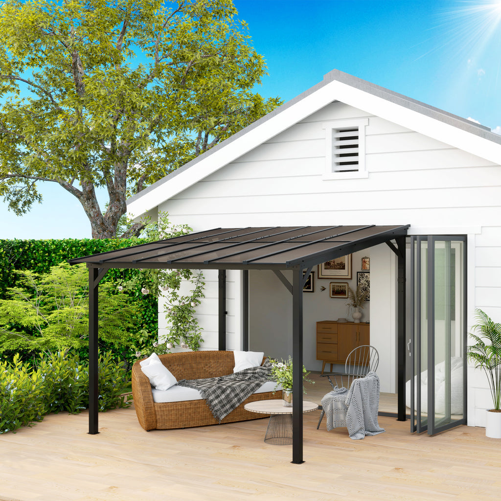 Outsunny 3 x 3 m Lean to Pergola with UPF 50+ Waterproof Polycarbonate Roof, Wall-Mounted or Free Standing Hardtop Roof Garden Metal Pergola Gazebo, Heavy Duty Outdoor Sun Shade, Dark Grey