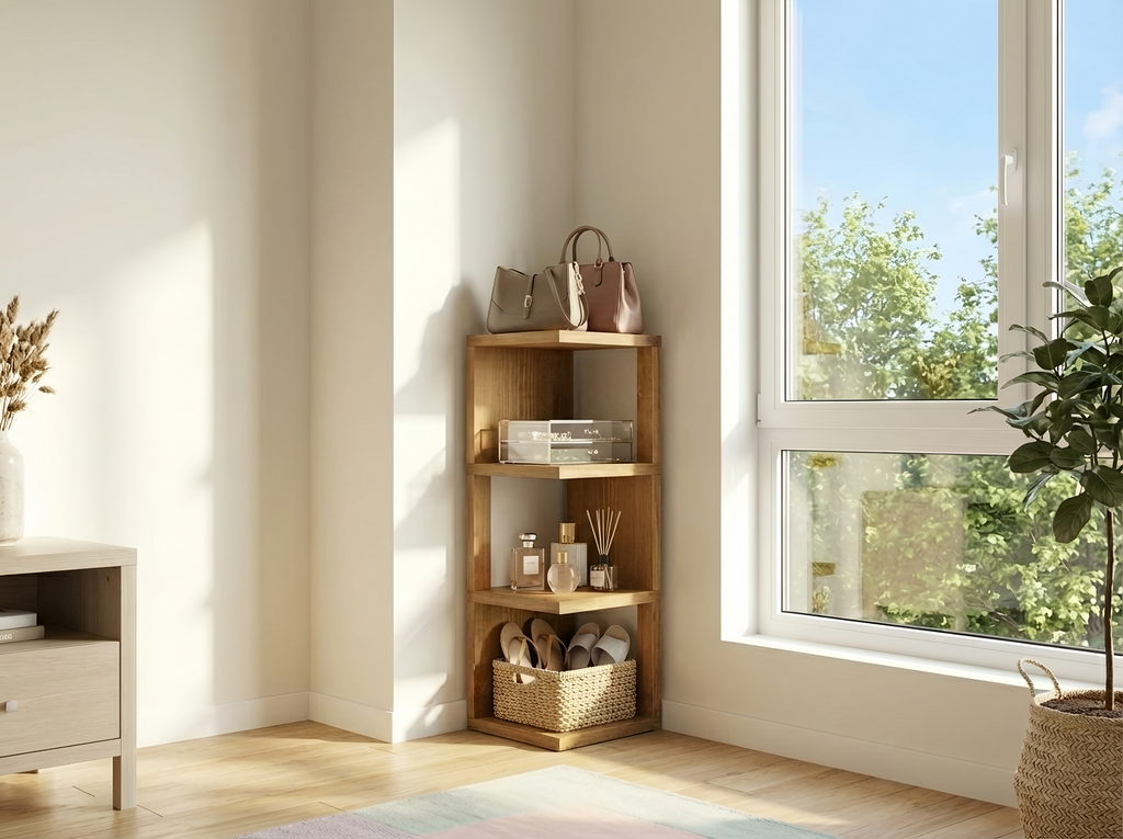 Valora Solid Wood Corner Bookshelf – Natural Finish Open Bookcase, Rustic Scandinavian Design