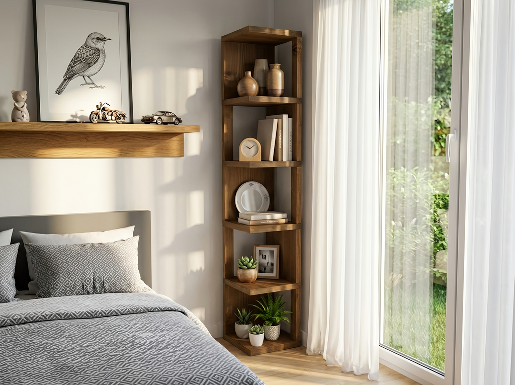 Valora Solid Wood Corner Bookshelf – Natural Finish Open Bookcase, Rustic Scandinavian Design