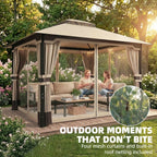 Outsunny 3 x 3.6 m Outdoor Garden Gazebo with Netting and Curtains, Double Roof Patio Gazebo Permanent Pavilion, Khaki