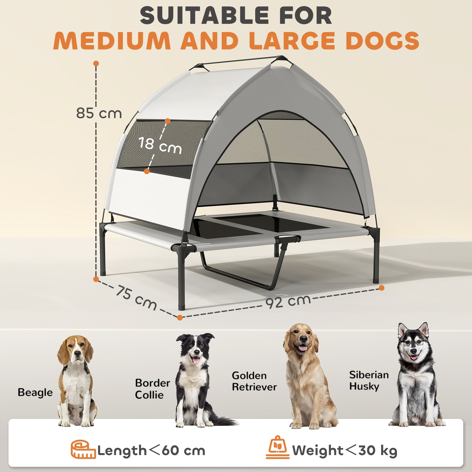PawHut Portable Elevated Dog Bed with Removable Canopy, Cooling Raised Pet Cot for Medium Large Dogs, 92 x 75 x 85 cm