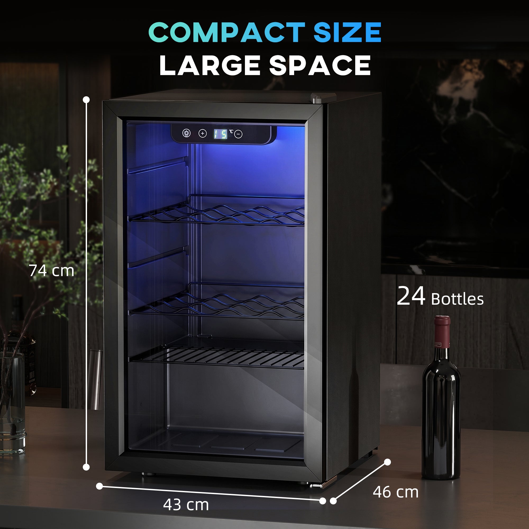 24 Bottle Wine Cooler, 68 Litre Capacity, 4-16°C Freestanding Drinks Wine Fridge with Glass Door, Black