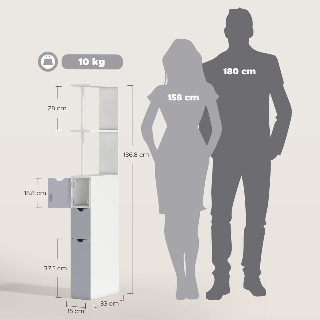 HOMCOM Tall Bathroom Cabinet, Freestanding Slim Bathroom Storage Cabinet with 2-Tier Open Shelf and 2 Drawers for Small Space, Narrow Cupboard Storage Unit, White and Grey