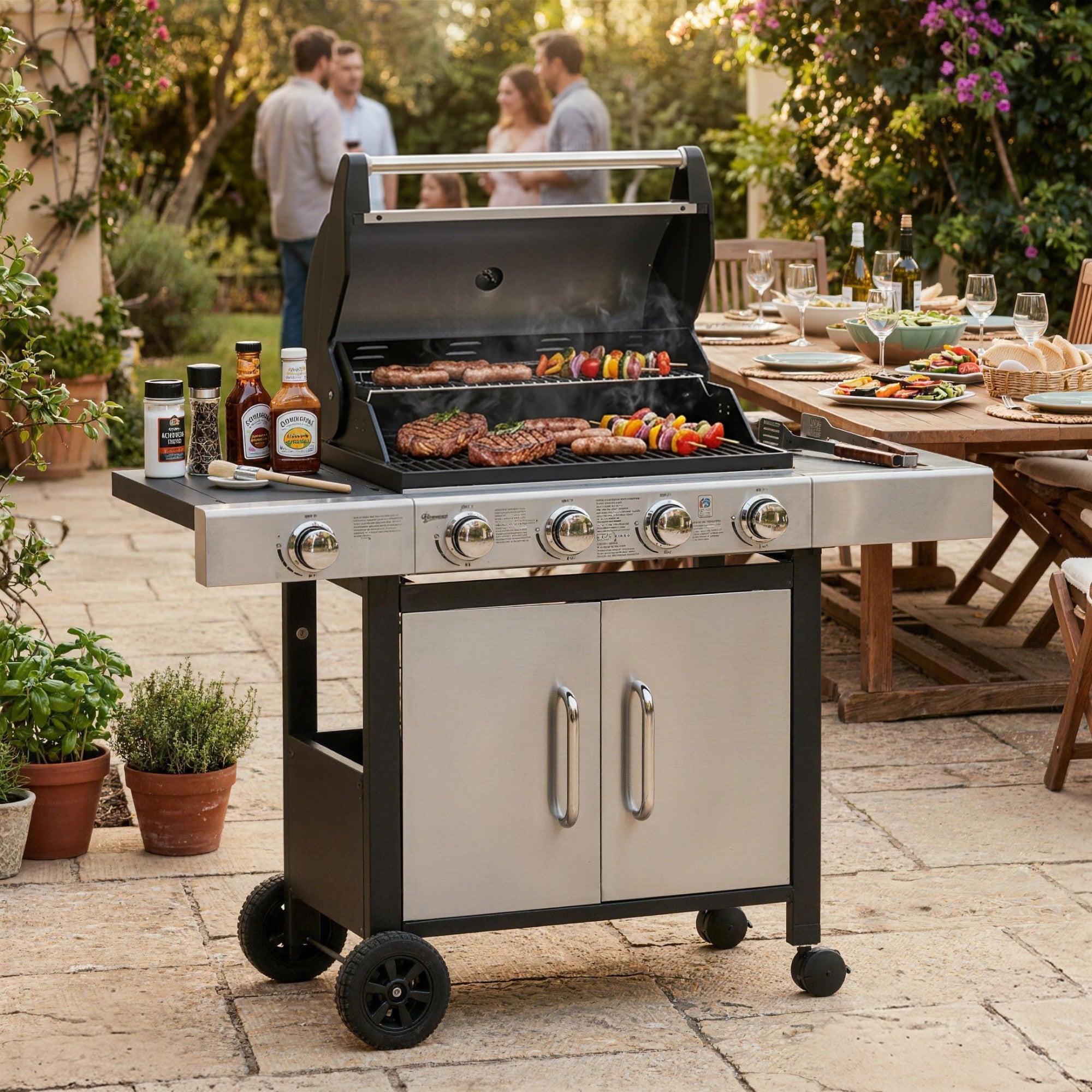 Outsunny Gas Barbecue Grill 4+1 Burner Garden Smoker BBQ Trolley w/ Side Burner Warming Rack Side Shelves Storage Cabinet Piezo Ignition Thermometer Stainless Steel + Metal