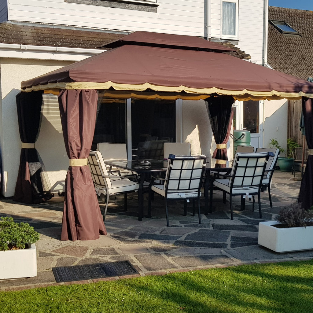 Outsunny 3 x 4m Aluminium Garden Gazebo, Marquee Canopy Shelter Pavilion Party Tent with Nets and Curtains for Garden and Deck, Coffee