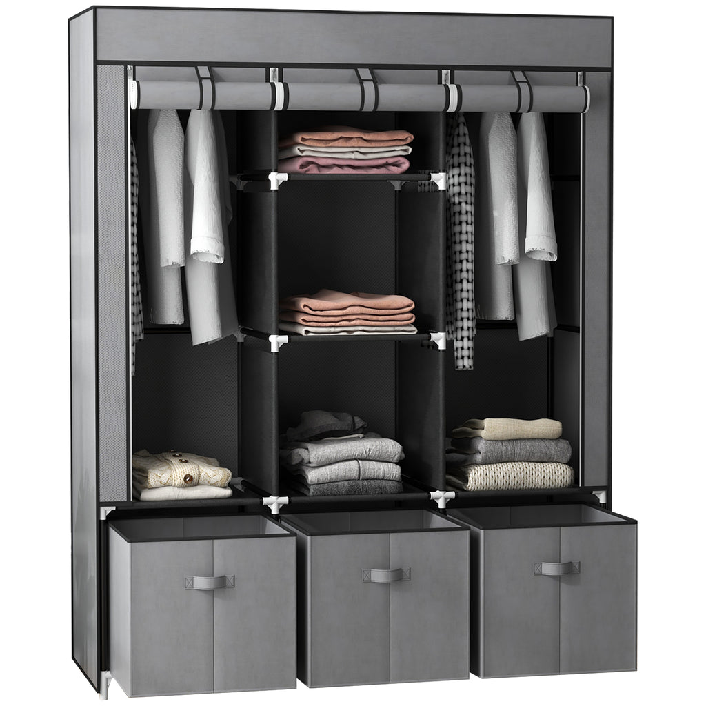 Foldable Fabric Wardrobe for Bedroom, Portable Wardrobe with 5 Shelves, 2 Hanging Rails and 3 Fabric Drawers, Dark Grey