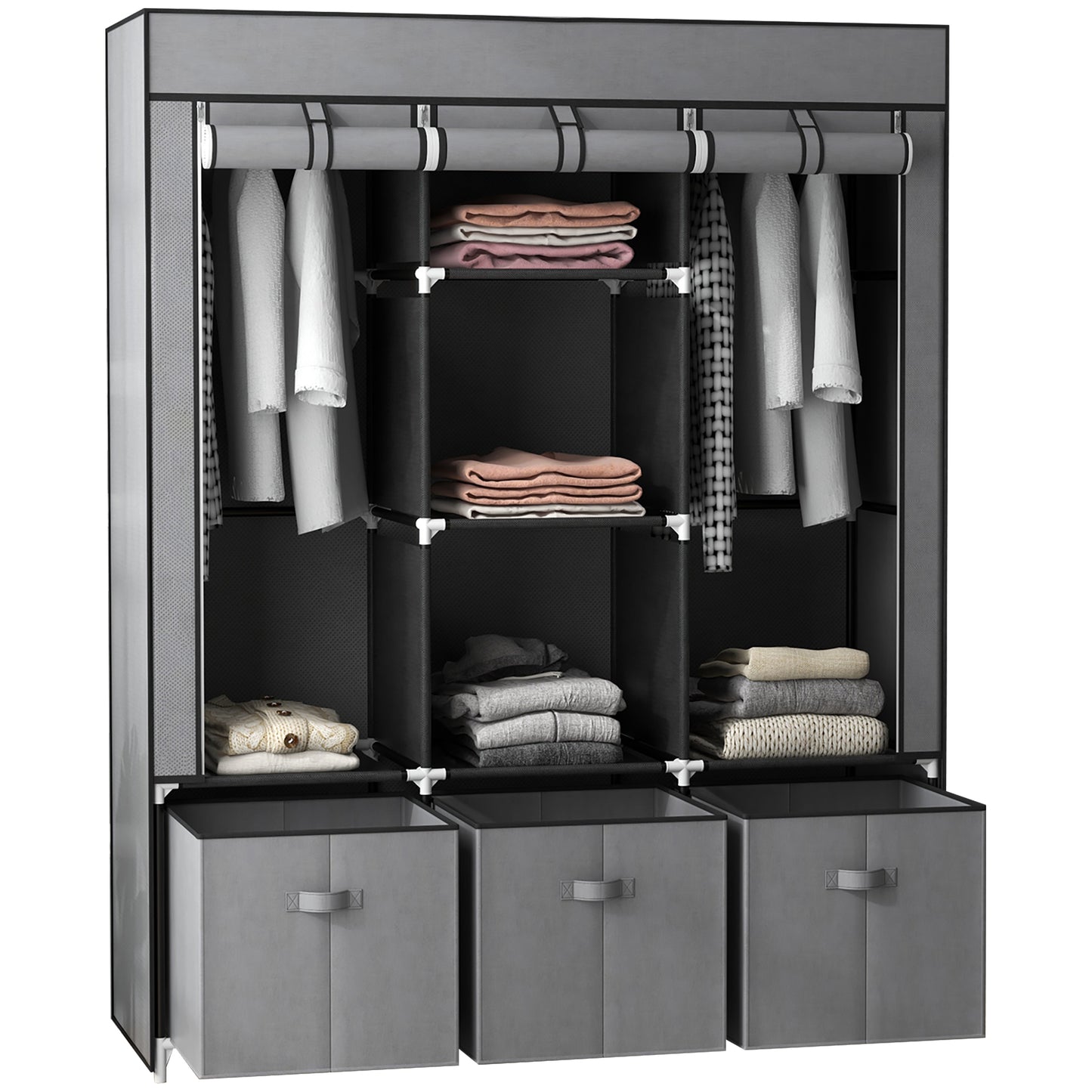 Foldable Fabric Wardrobe for Bedroom, Portable Wardrobe with 5 Shelves, 2 Hanging Rails and 3 Fabric Drawers, Dark Grey