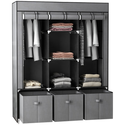 Foldable Fabric Wardrobe for Bedroom, Portable Wardrobe with 5 Shelves, 2 Hanging Rails and 3 Fabric Drawers, Dark Grey