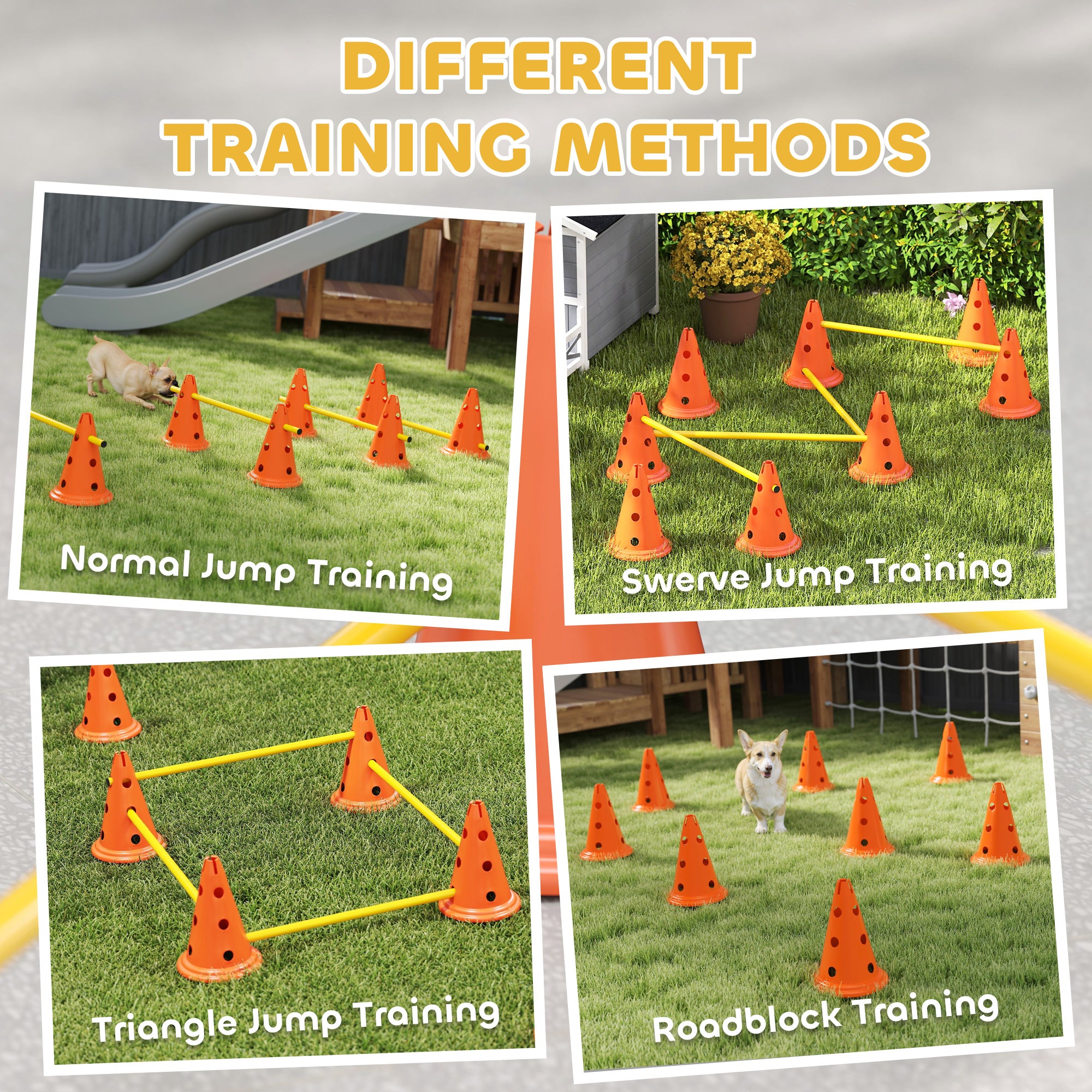 PawHut Dog Agility Equipment Set of Eight Cones, Eight Poles w/ Carry Bag, Four-Piece Adjustable Height Jumping Obstacles
