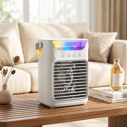 Air Cooler with Adjustable Head, Portable Air Conditioner with 3 Wind Speed, 2 Cool Mist, RGB Light, White