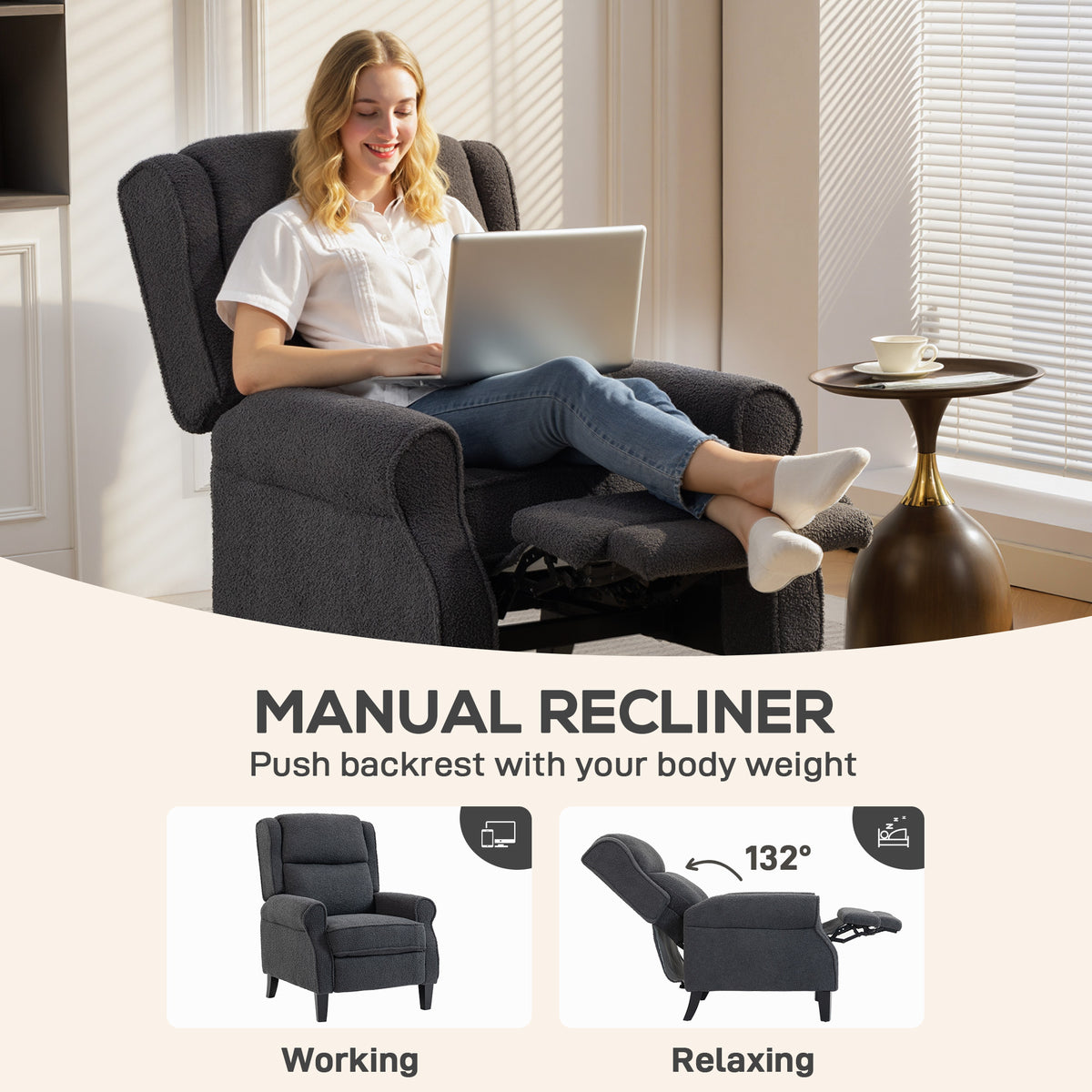 132° Recliner Armchair, with Extended Footrest - Dark Grey