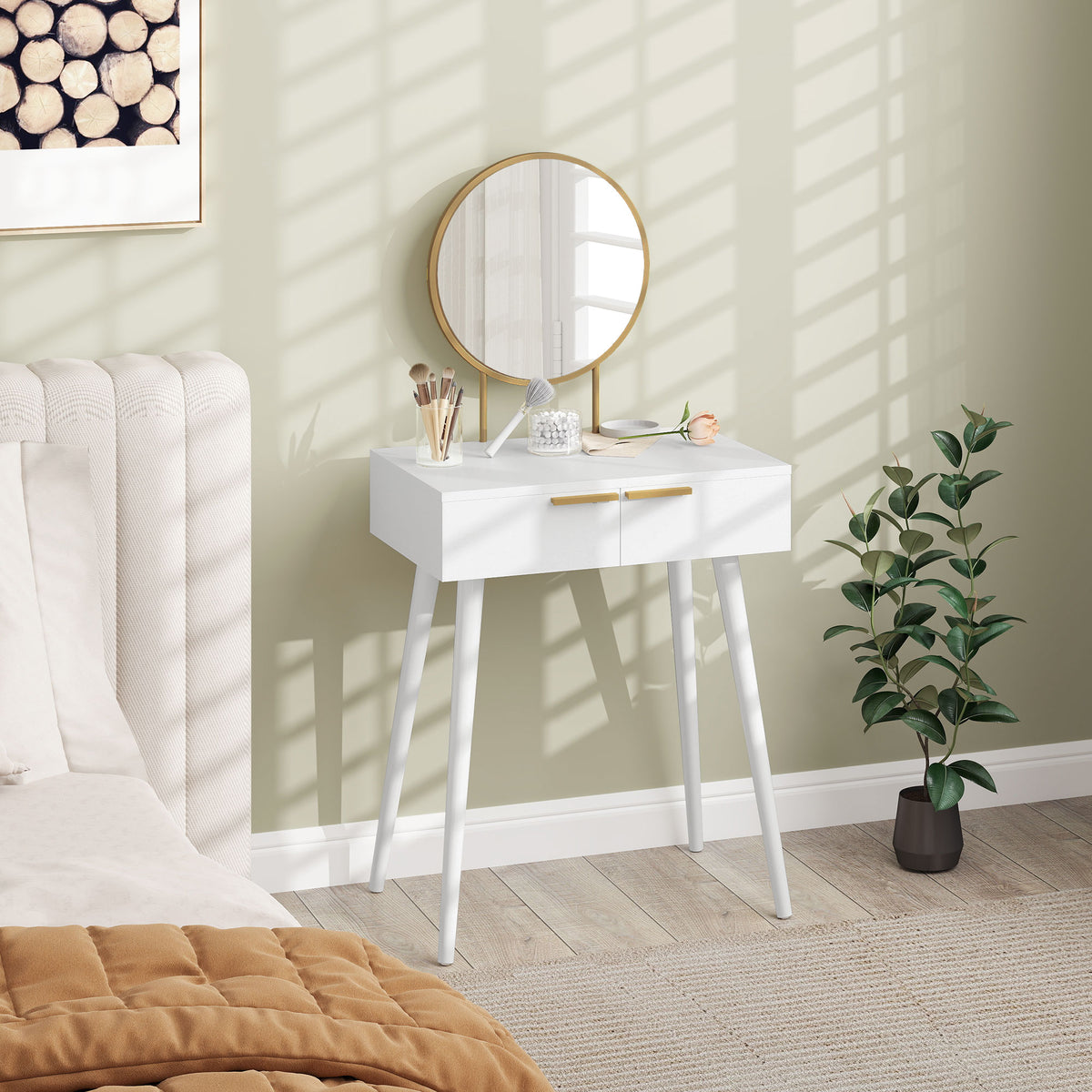 Elegant Dressing Table, with Round Mirror, 60 x 40 x 123 cm - White