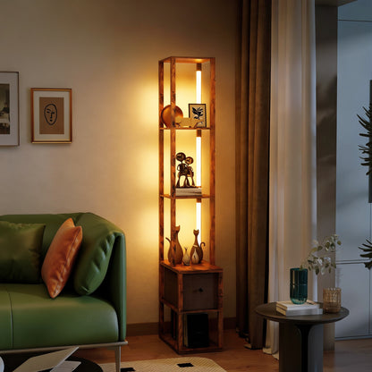Floor Lamp with Shelves, LED Column Modern Standing Lamp with Fabric Drawer, Adjustable Brightness, Foot Switch for Living Room, Bedroom, Office, Rustic Brown