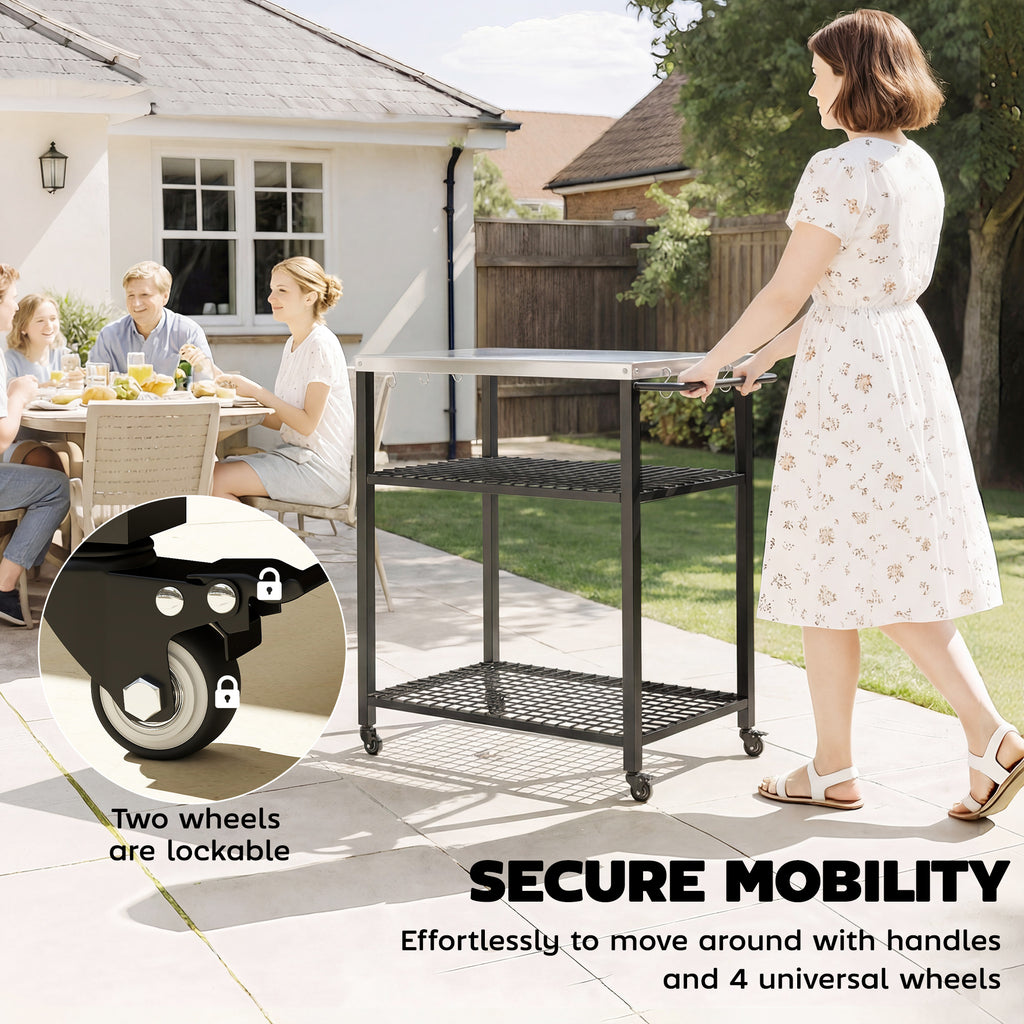 Outsunny Outdoor Grill Cart with Stainless Steel Tabletop, 3-Tier Pizza Oven Stand with 2 Shelves, 6 Hooks, Wheels, Black