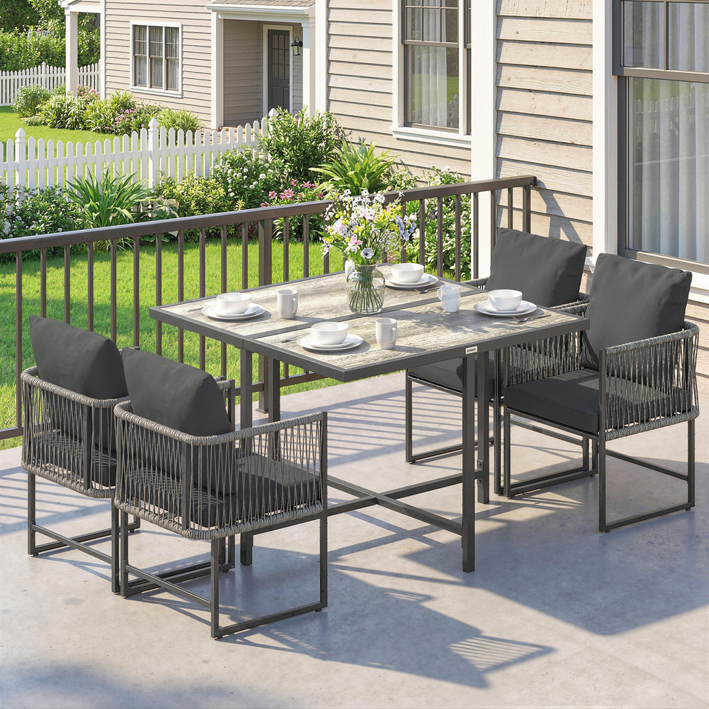 Outsunny 4-Seater Garden Dining Set, Rattan Outdoor Furniture with Space-Saving Chairs and Thick Cushions for Patio Balcony, Black