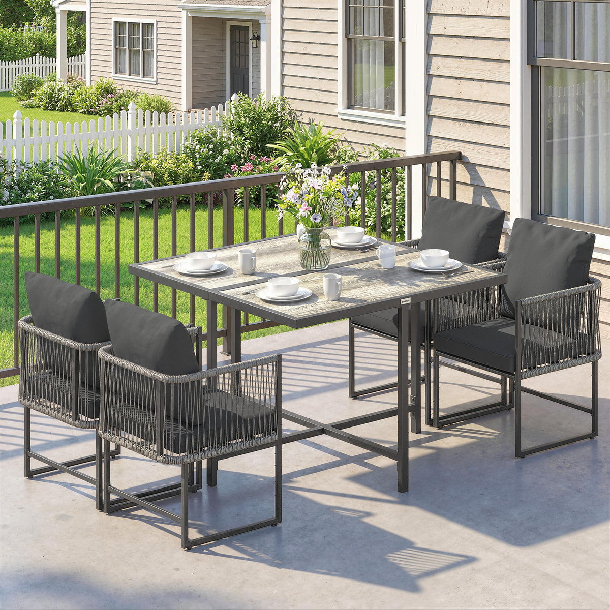 Outsunny 4-Seater Garden Dining Set, Rattan Outdoor Furniture with Space-Saving Chairs and Thick Cushions for Patio Balcony, Black