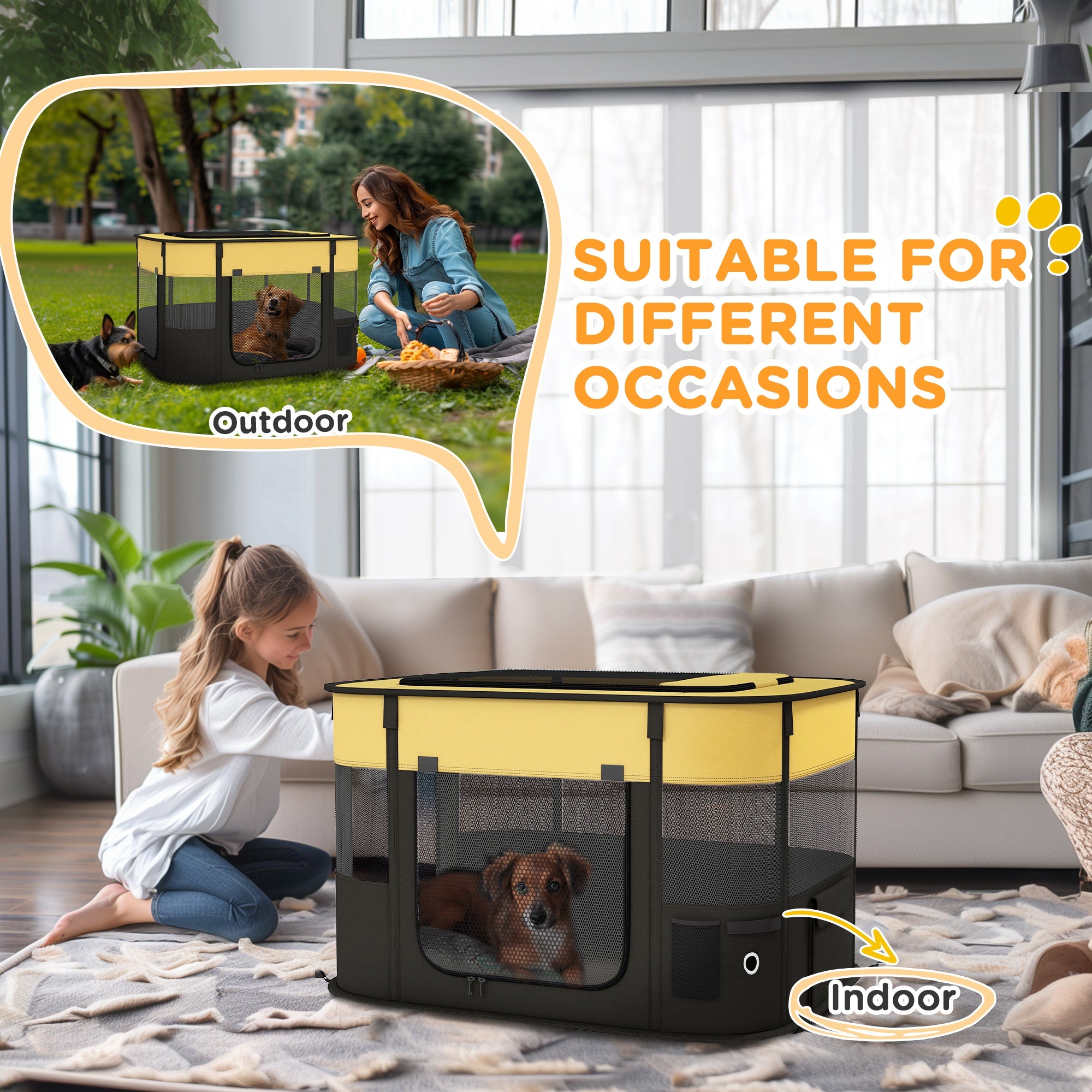 PawHut Foldable Dog Pen with Storage Bag for Indoor/Outdoor Use, Portable Pet playpen, with Ground Stakes - Yellow