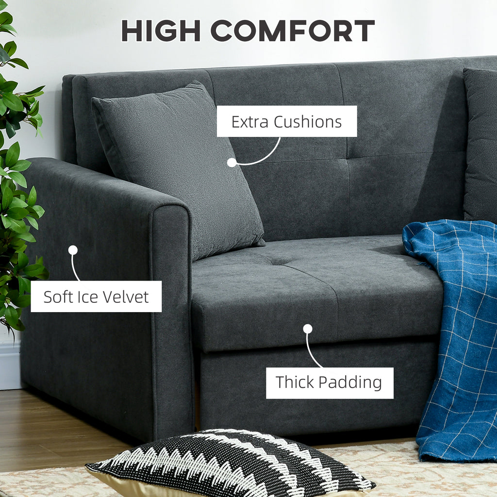 HOMCOM 2 Seater Sofa Bed with Hidden Storage, Pull Out Convertible Bed Settee, Modern Snow Flannel Loveseat Sofa Sleeper with 2 Cushions for Living Room, Guest Room, Dark Grey