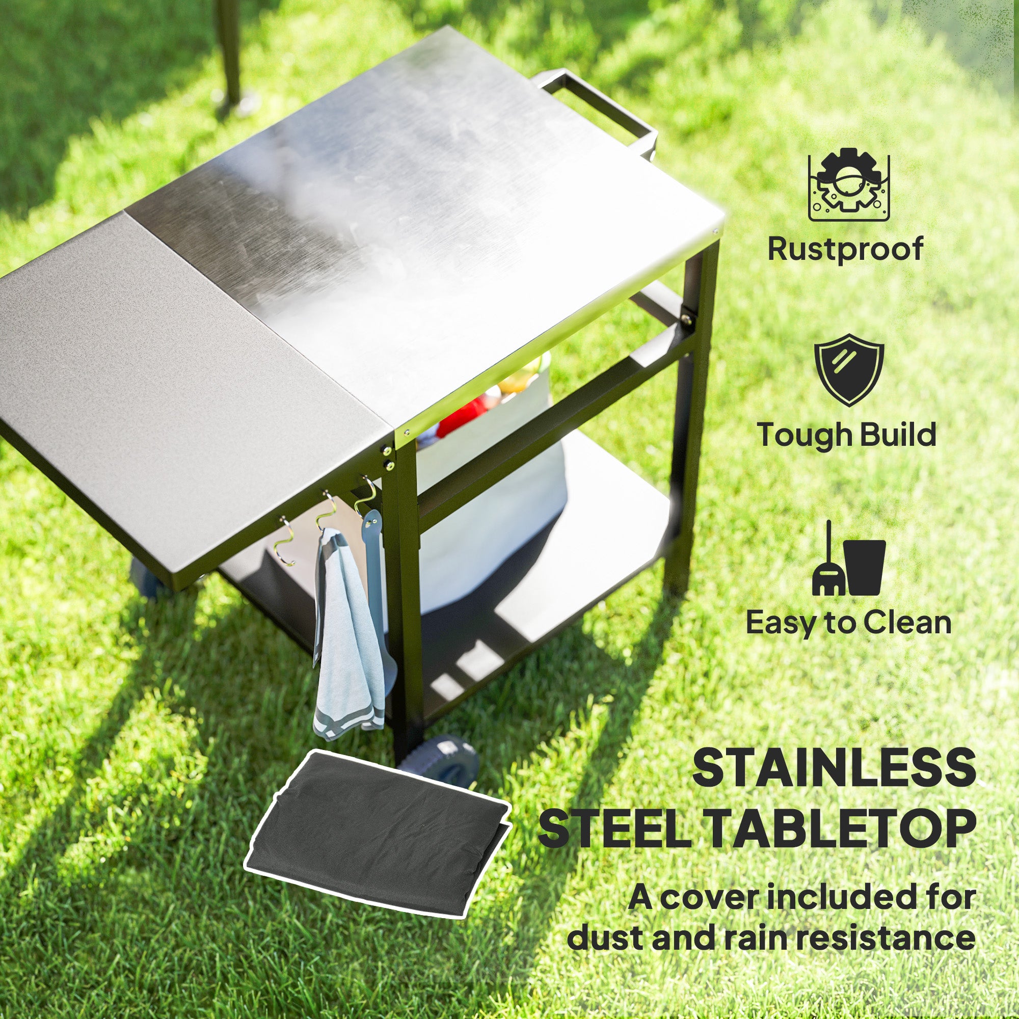 Outsunny BBQ Trolley with Stainless Steel Top and Foldable Side Table, Outdoor Kitchen Barbecue Station with Hooks and Shelf, Pizza Oven Table Movable Outdoor Grill Dining Cart with Cover, Black
