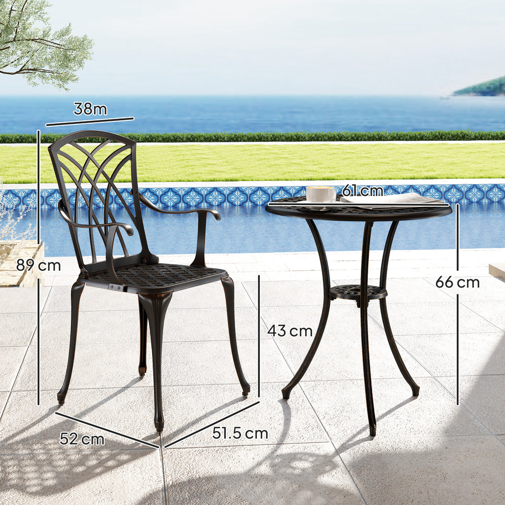 Outsunny 3 Pieces Garden Dining Set for 2, Cast Aluminium Outdoor Dining Set with 2 Armchairs and Round Dining Table with Parasol Hole, Garden Furniture Bistro Set, Bronze Tone