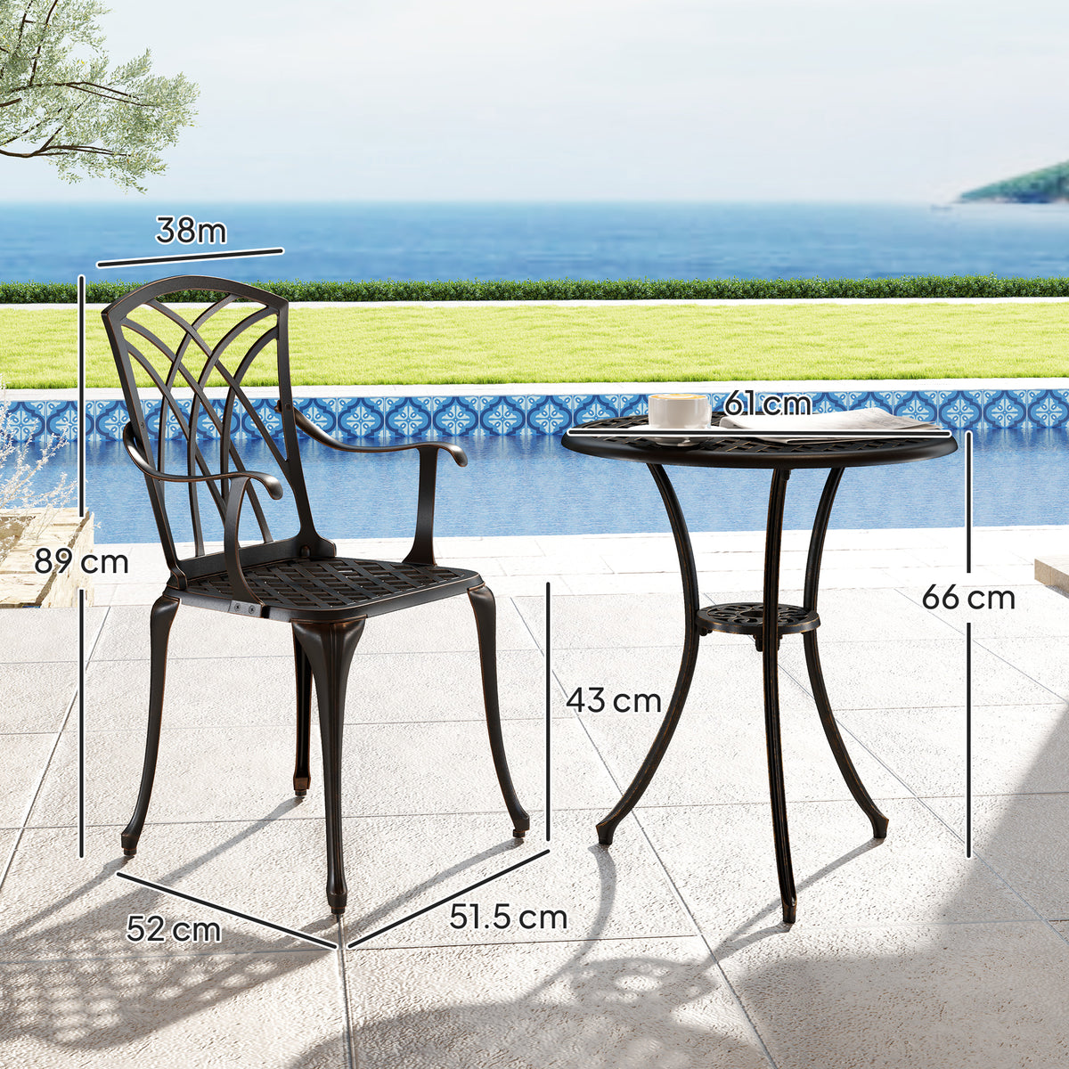 Outsunny 3 Pieces Garden Dining Set for 2, Cast Aluminium Outdoor Dining Set with 2 Armchairs and Round Dining Table with Parasol Hole, Garden Furniture Bistro Set, Bronze Tone