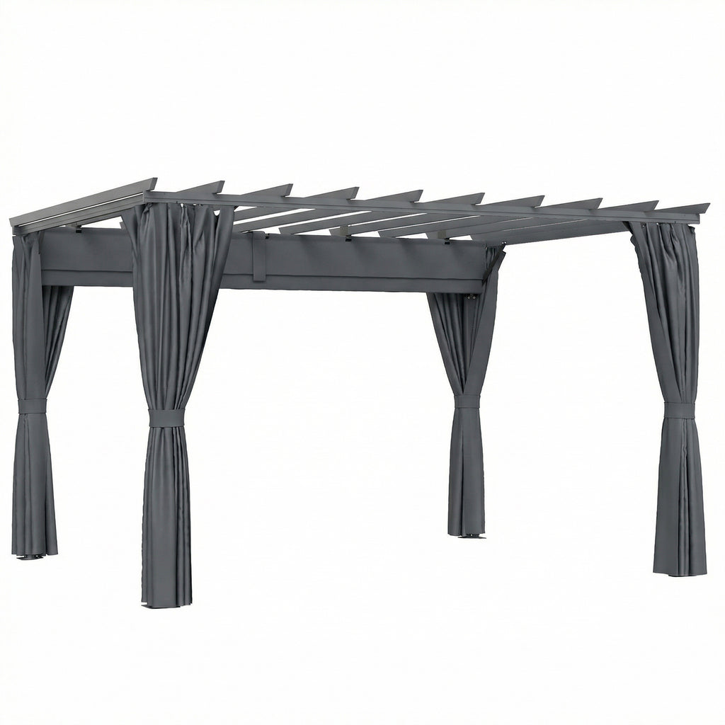Outsunny 3.6 x 3 m Pergola with Retractable Roof Canopy, Curtains, Aluminium Garden Pergola Gazebo Sun Shade Shelter, Dark Grey