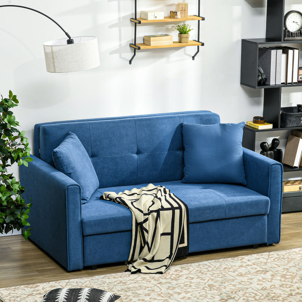 2 Seater Sofa Bed with Hidden Storage, Pull Out Convertible Bed Settee, Modern Snow Flannel Loveseat Sofa Sleeper with 2 Cushions for Living Room, Guest Room, Deep Blue