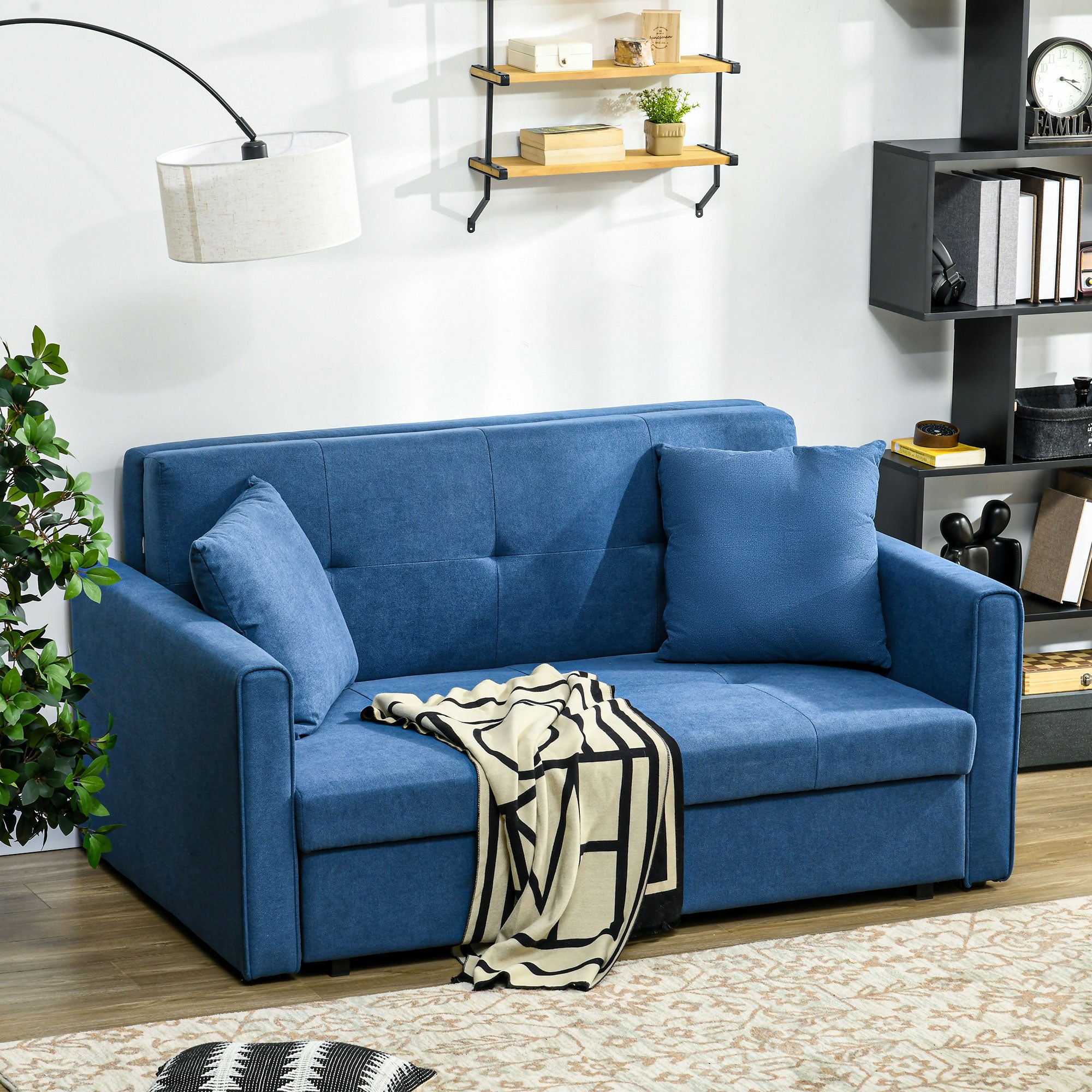 HOMCOM 2 Seater Sofa Bed with Hidden Storage, Pull Out Convertible Bed Settee, Modern Snow Flannel Loveseat Sofa Sleeper with 2 Cushions for Living Room, Guest Room, Deep Blue