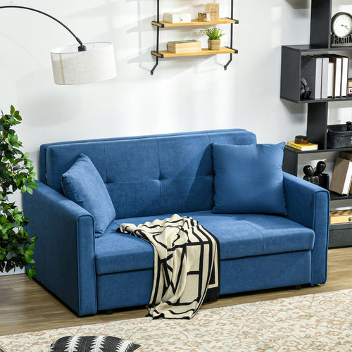 2 Seater Sofa Bed with Hidden Storage, Pull Out Convertible Bed Settee, Modern Snow Flannel Loveseat Sofa Sleeper with 2 Cushions for Living Room, Guest Room, Deep Blue