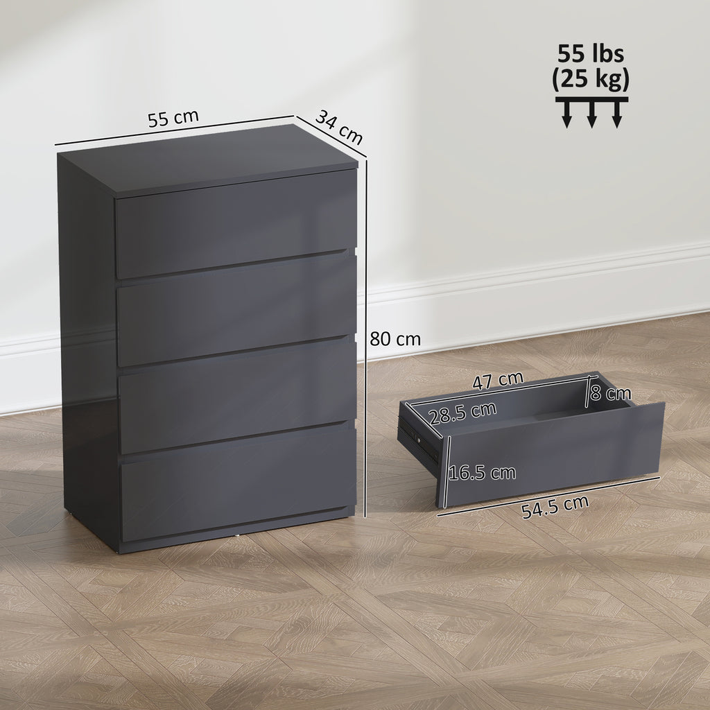 HOMCOM High Gloss Chest of Drawers, 4-Drawer Storage Cabinets, Modern Dresser for Bedroom, Grey
