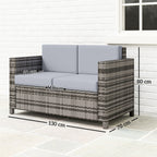 Outsunny Rattan Sofa, 2 Seater Garden Furniture with Soft Padded Cushion and Armrests, Wicker Garden Loveseat for Patio, Mixed Grey