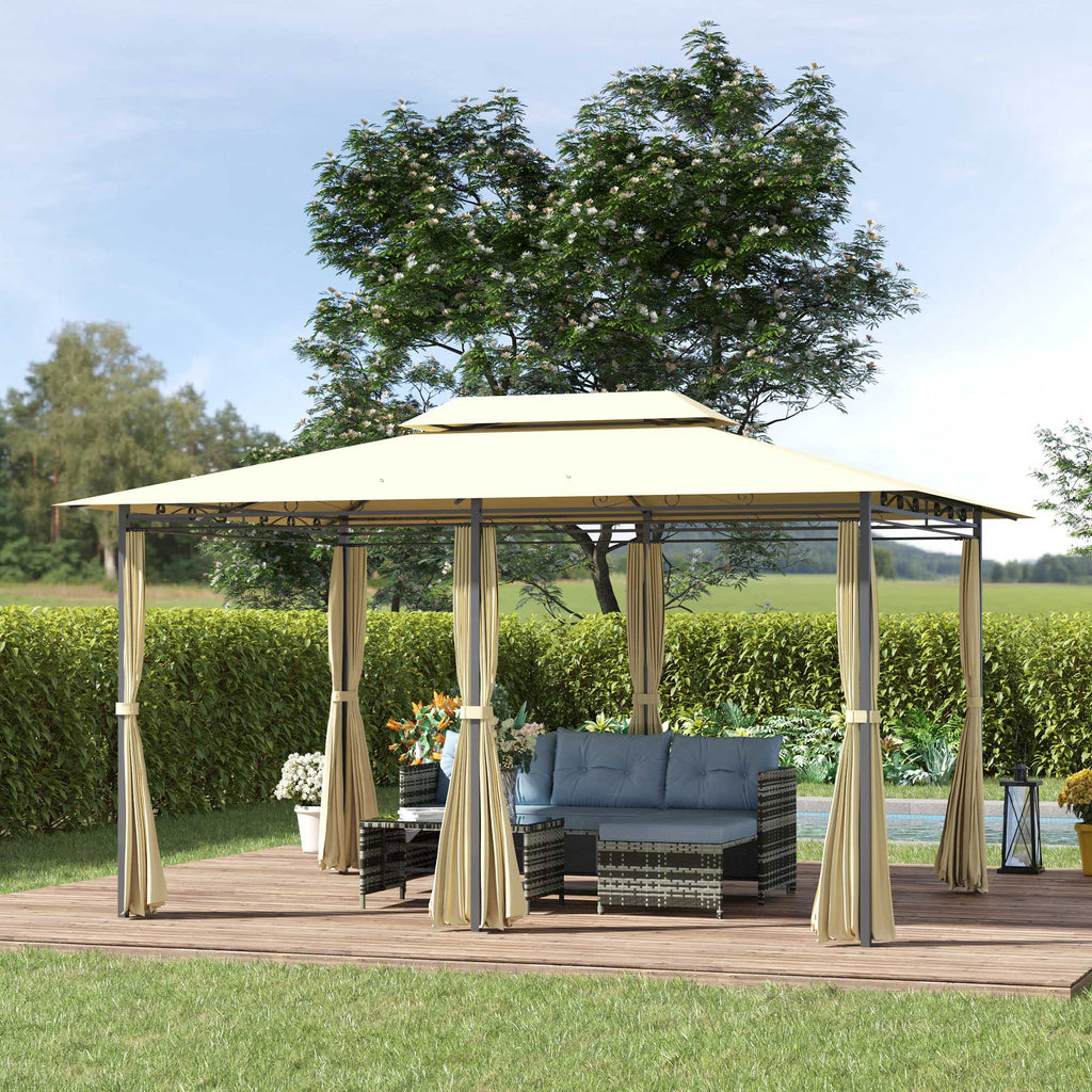 Outsunny 4m x 3(m)Garden Gazebo, Double Roof Outdoor Gazebo Canopy Shelter with Curtains, Solid Steel Frame for Lawn and Deck, Beige