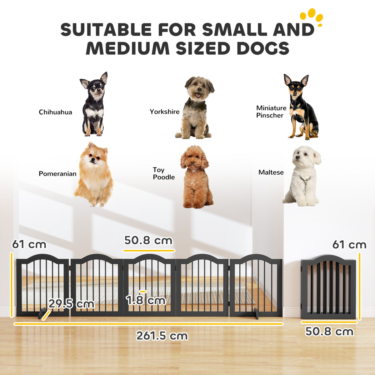 PawHut Wooden Foldable Dog Gate Panel Pet Fence Freestanding Safety Barrier for the House, Doorway, Stairs (Black)
