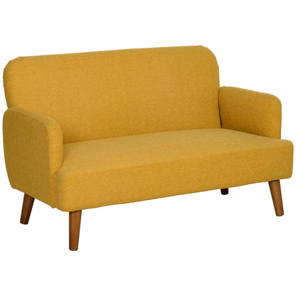 Velvet Feel Fabric 2 Seater Sofa, Small Sofa Loveseat with 21cm Thick Padding and Wood Legs, Yellow