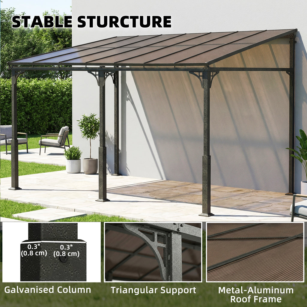 Outsunny 4 x 3 m Metal Lean-to Pergola, Wall-Mounted Garden Pergola with Polycarbonate Roof and Metal-Aluminium Frame, Heavy Duty Hardtop Gazebo for Outdoor Patios, BBQ, Brown