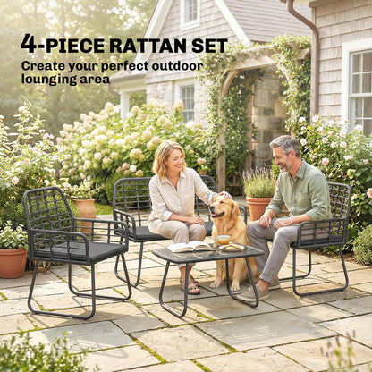 Outsunny 4 Piece Rattan Garden Furniture Set, Outdoor Patio Furniture with Loveseat, Armchairs and Coffee Table